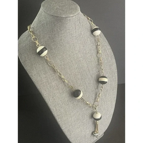 MCM VINTAGE ART DECO BLACK WHITE STRIPED BEAD RETRO TASSEL NECKLACE 36” - Picture 6 of 9